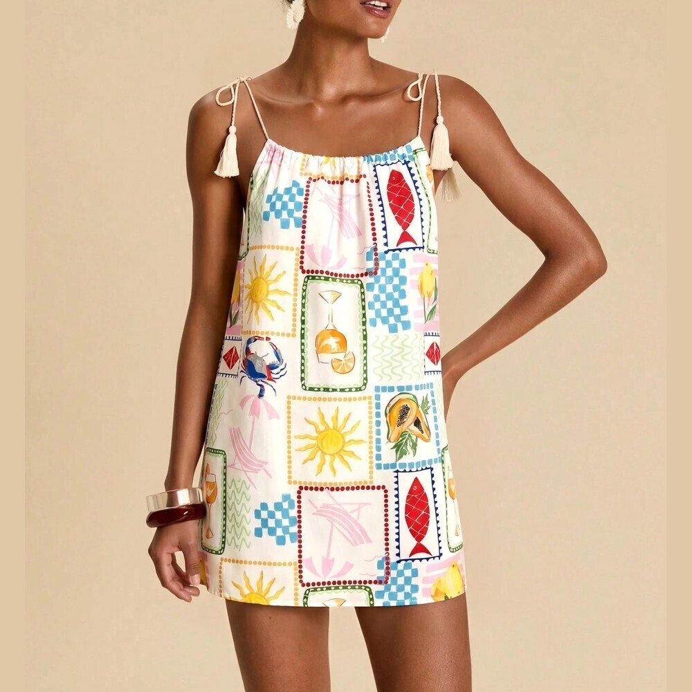 White Ivory Cocktail Coastal Print Tasseled Tie Strap Shift Mini Dress